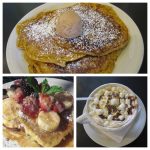 (top) Pumpkin Pancakes (bottom) Banana Bread French Toast and Pumpkin Cheesecake